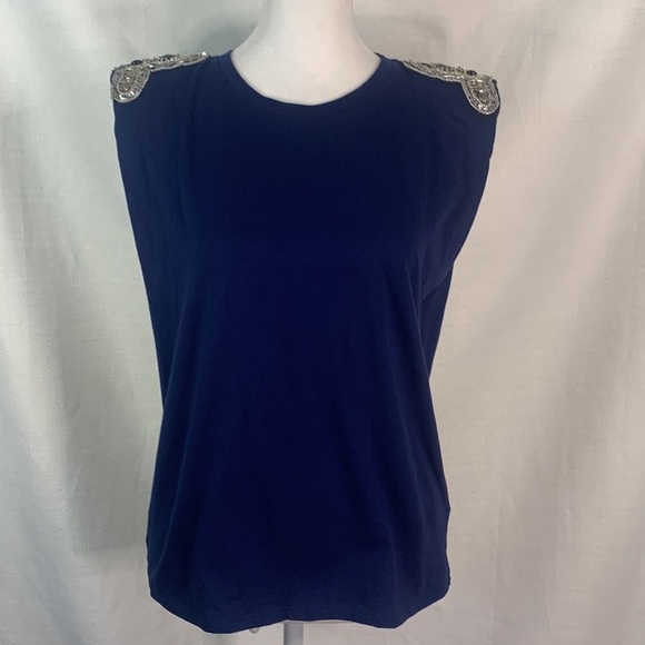 Express Navy Embellished Padded Shoulder Crew Neck Tee - Picture 1 of 14